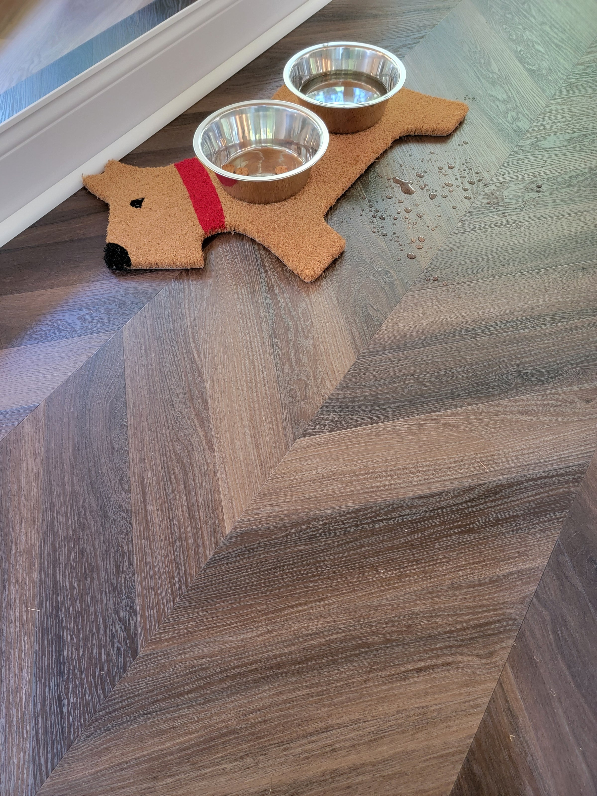 Black walnut chevron vinyl flooring overhead view