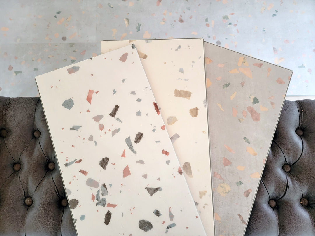 Ultima Parfait terrazzo tile, Ultima Earl Grey terrazzo tile and Ultima Comfit terrazzo tile all next to eachother.