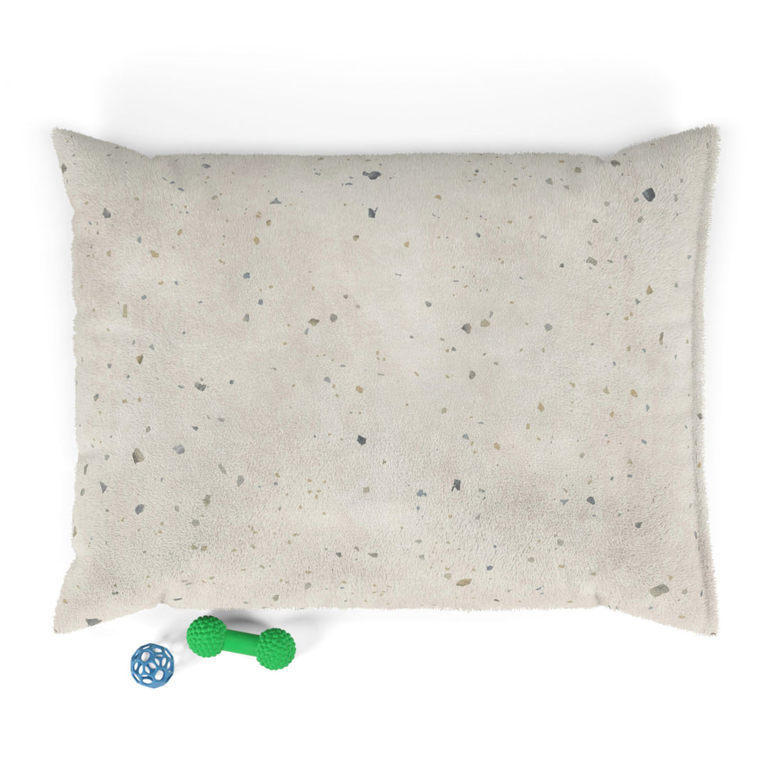 medium dog bed in perfect parfait terrazzo design with dog toys