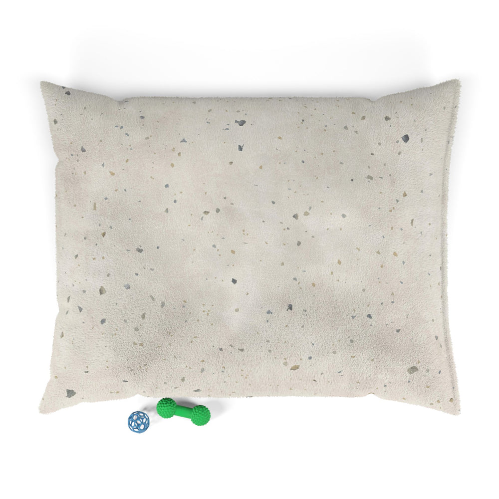 dog bed in perfect parfait terrazzo design with dog toys