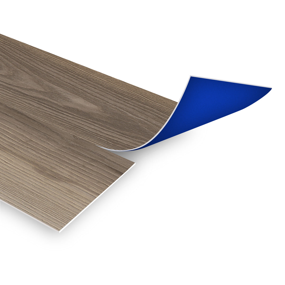 Allure High Fire Glazes Peel & Stick vinyl flooring planks viewed at an angle to see the blue adhesive backing