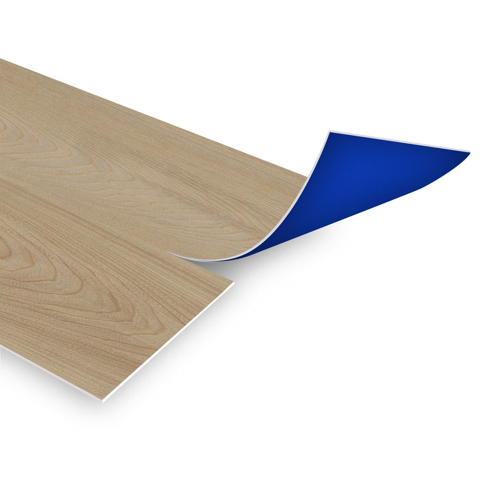 Allure Angel Food Aspen Peel & Stick vinyl flooring planks viewed at an angle to see the blue adhesive backing