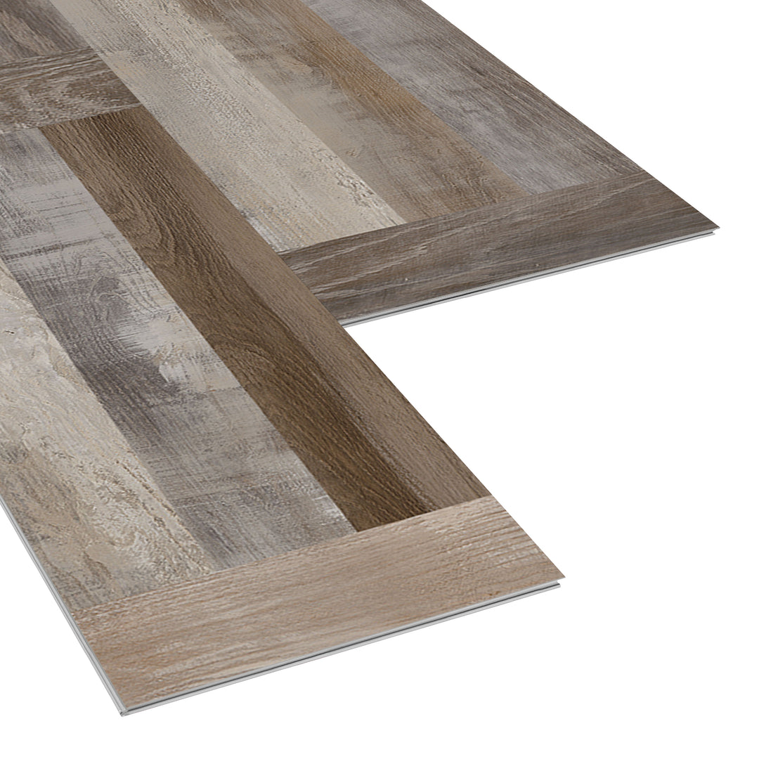 Allure Cookie Dough Ash Parquet ISOCORE vinyl flooring planks viewed at an angle to see the locking edges