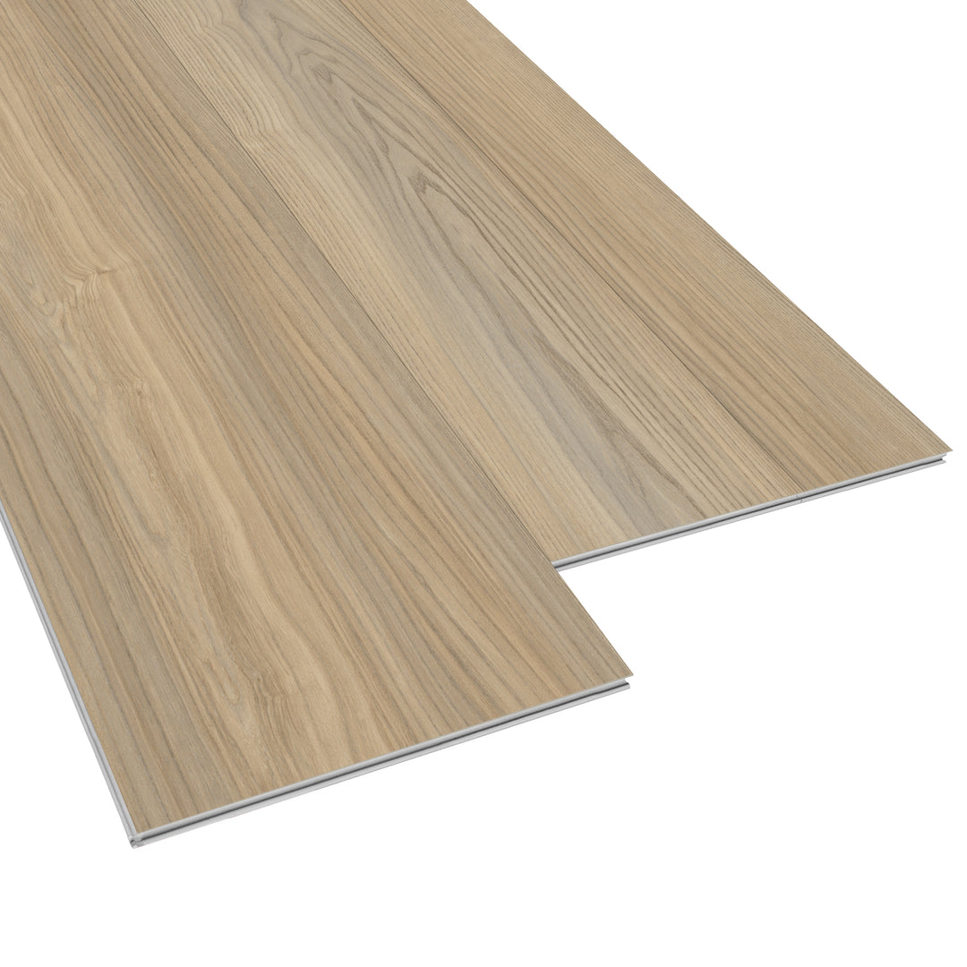 Allure Almond Fika Fir ISOCORE Mulit-width vinyl flooring planks viewed at an angle to see the locking edges