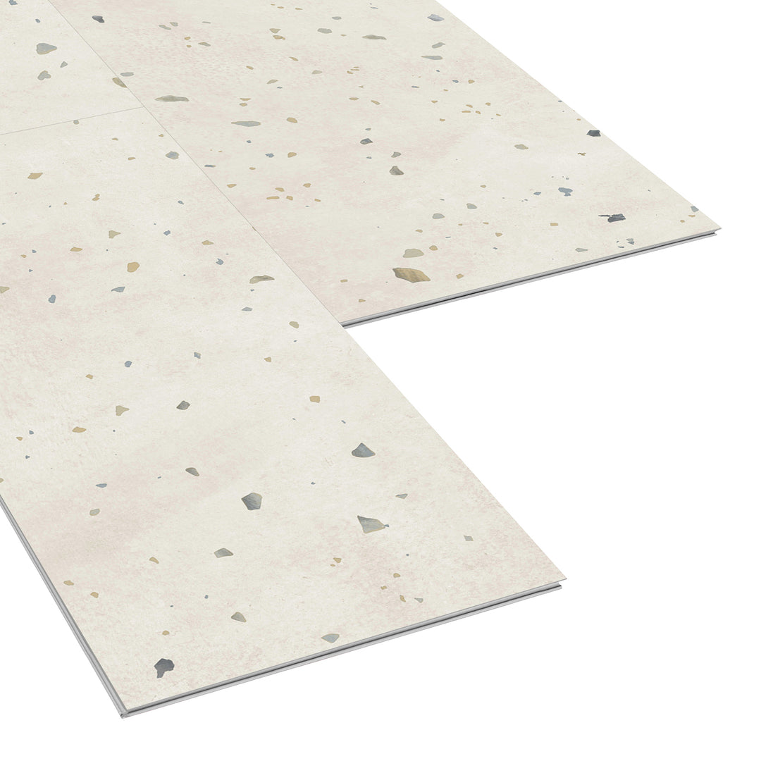 Allure Perfect Parfait Terrazzo ISOCORE vinyl flooring tiles viewed at an angle to see the locking edges