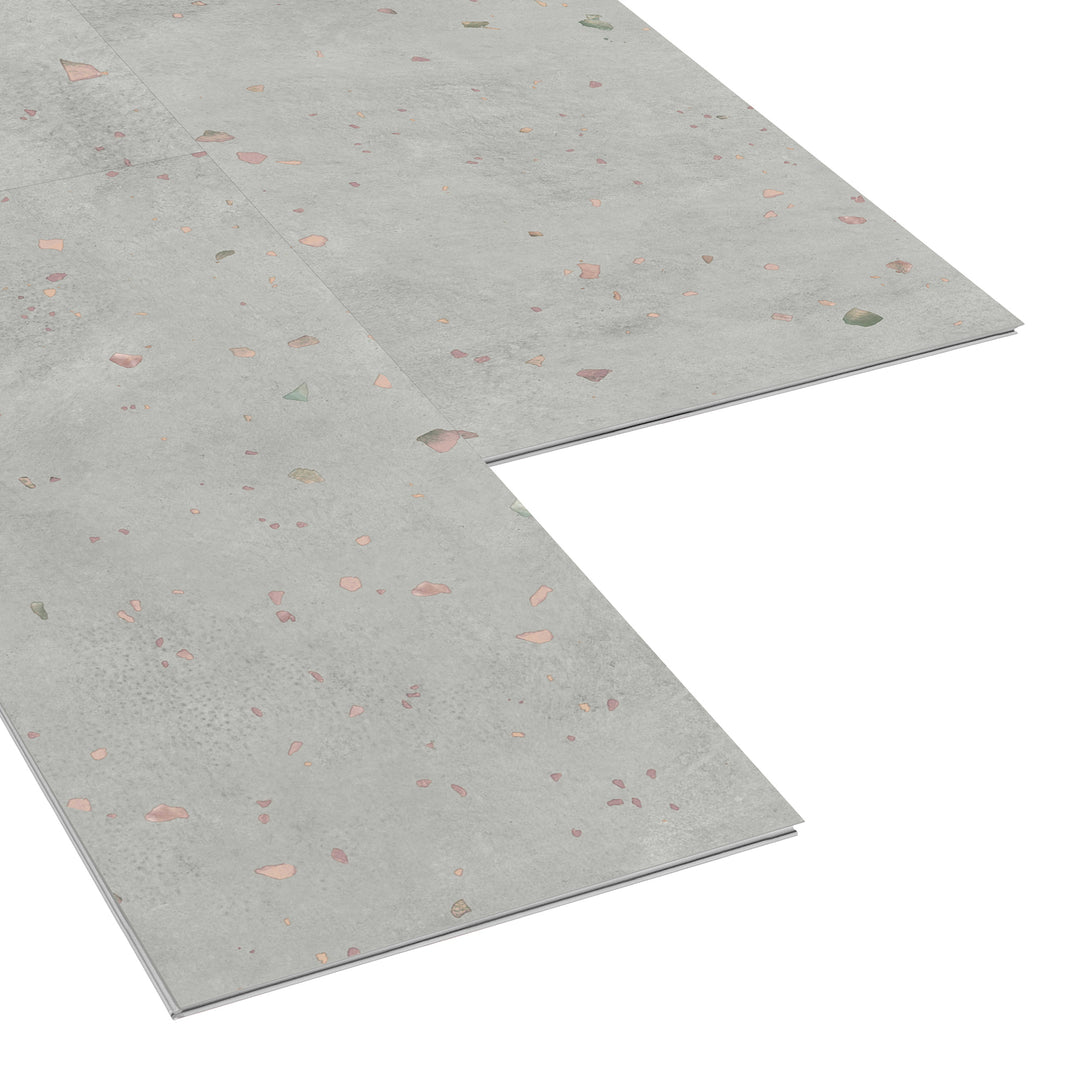 Allure Perfect Comfit Terrazzo ISOCORE vinyl flooring tiles viewed at an angle to see the locking edges