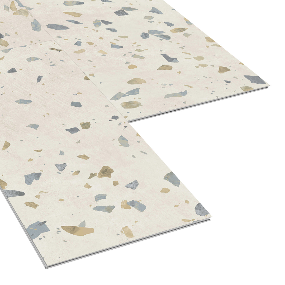Allure Ultima Parfait Terrazzo ISOCORE vinyl flooring tiles viewed at an angle to see the locking edges