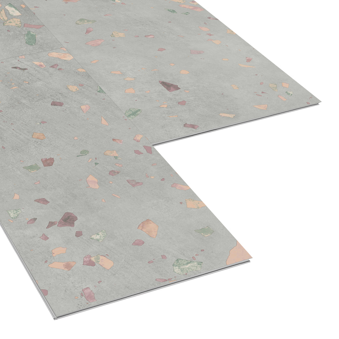 Allure Ultima Comfit Terrazzo ISOCORE vinyl flooring tiles viewed at an angle to see the locking edges