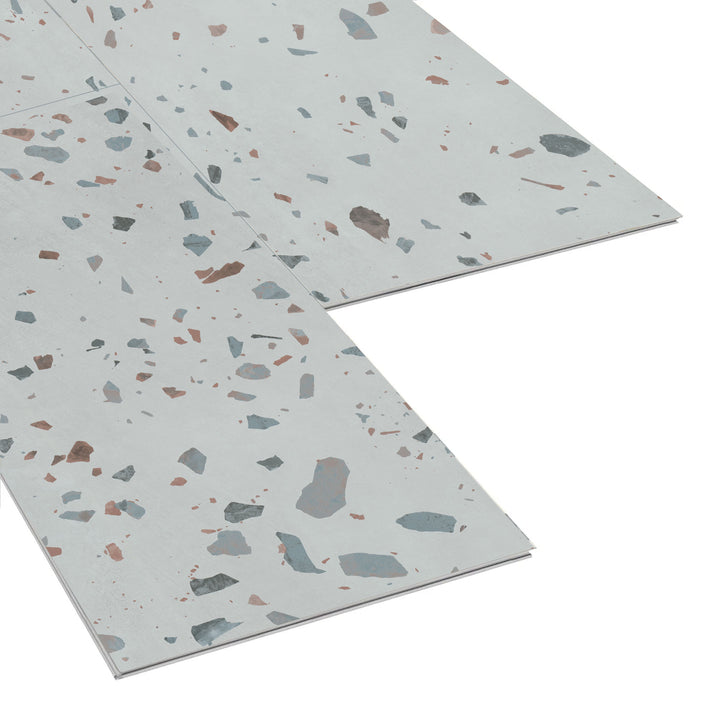 Allure Ultima Earl Grey Terrazzo 22mil ISOCORE vinyl flooring tiles viewed at an angle to see the locking edges