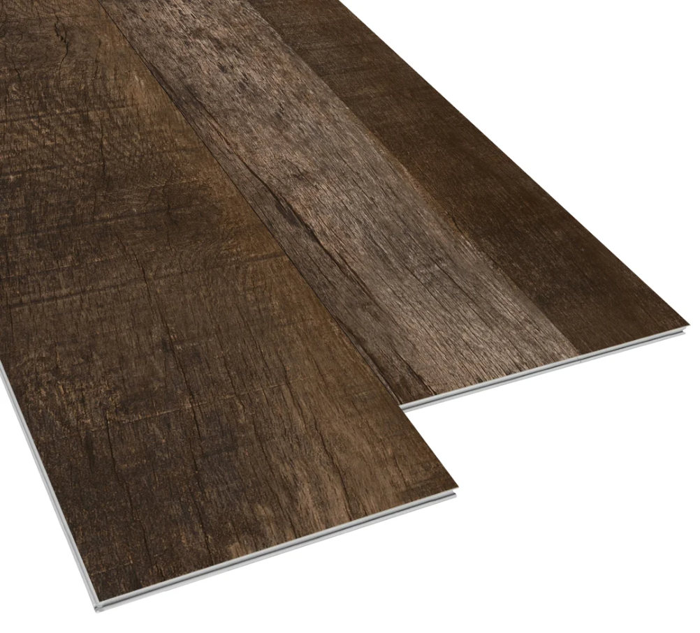 Allure Caffe Mocha Mahogany ISOCORE Mulit-width vinyl flooring planks viewed at an angle to see the locking edges