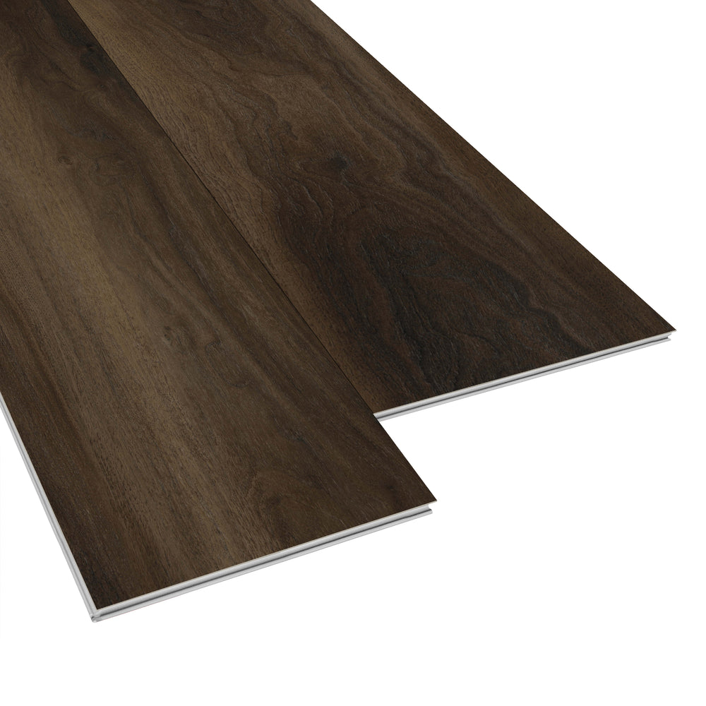 Allure Buckeye Black Walnut Extra Long ISOCORE vinyl flooring planks viewed at an angle to see the locking edges