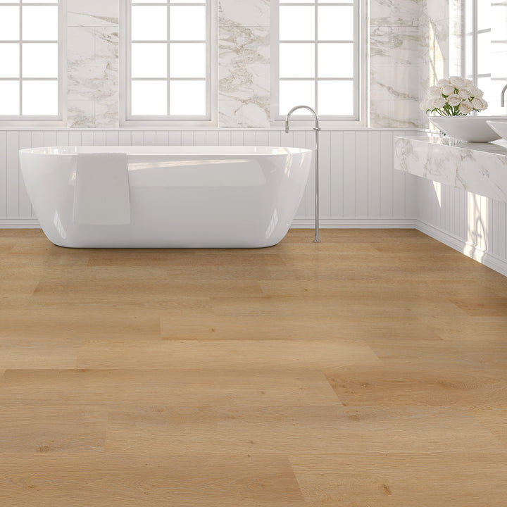 Alure honey butter oak plank flooring a bathroom with a deep soak tub and tub filler