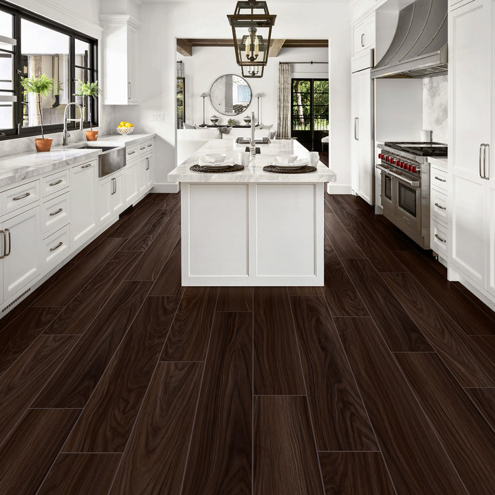 Allure velvet mocha walnut in a kitchen with farmhouse sink and kitchen island and fixtures