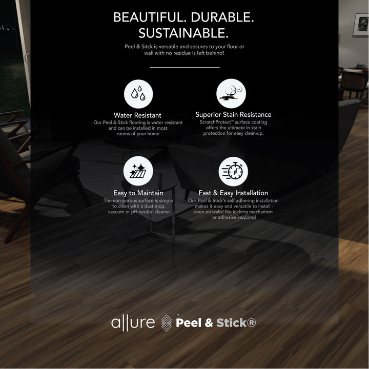 Infographic detailing the certifications and key wellness features of Allure Tea Ground Wood peel and stick vinyl flooring