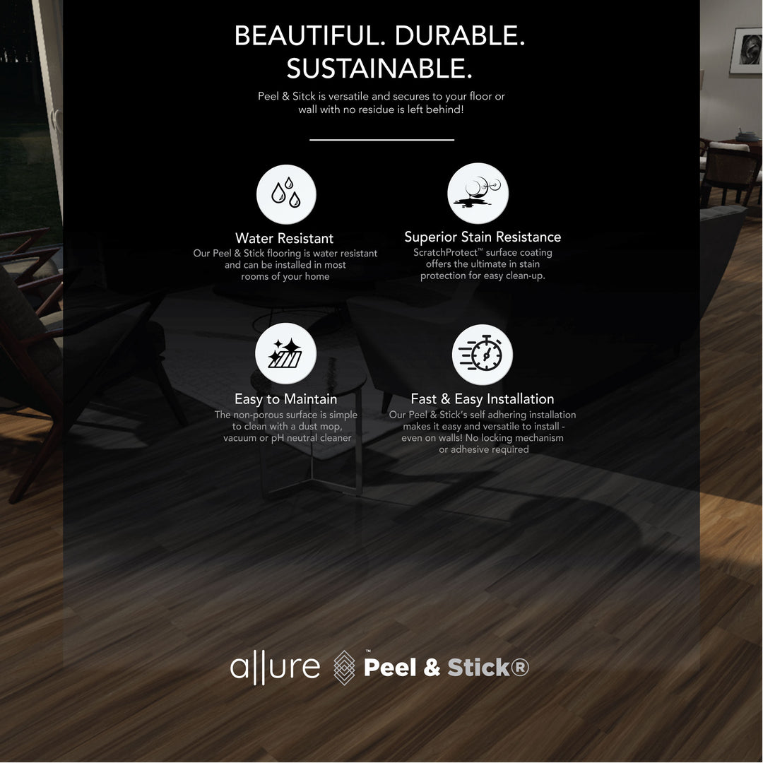Infographic detailing the certifications and key wellness features of Allure North Yuba Maple peel and stick vinyl flooring