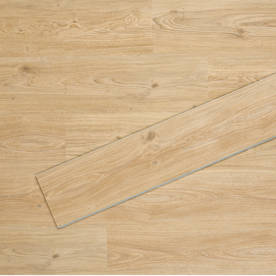 Allure SRP TPU Flooring in Natural Oak Cinnamon installed floor view from above with single plank laying on top