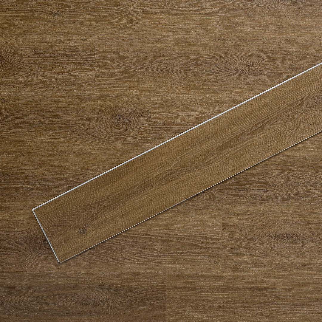 Allure SRP TPU Flooring in Contemporary Oak Espresso installed floor view from above with single plank laying on top