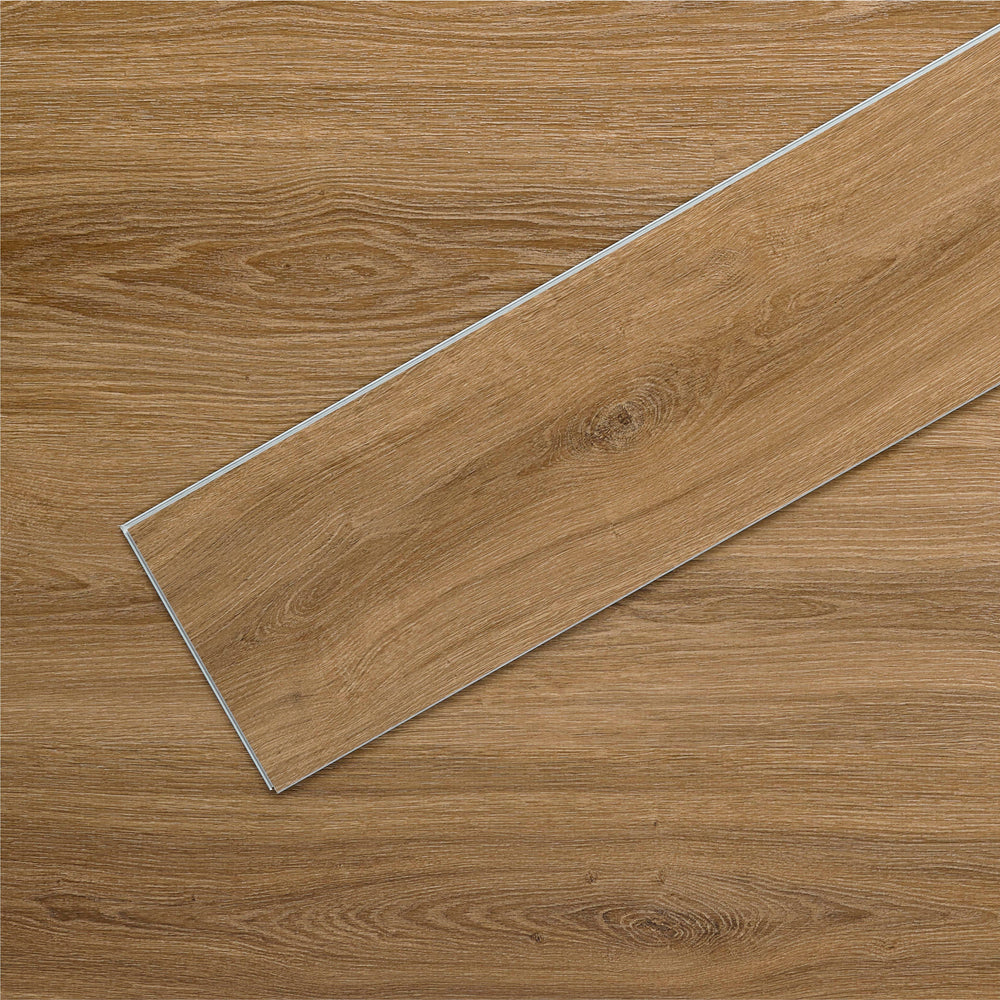 Allure SRP TPU Flooring in Contemporary Oak Mocha installed floor view from above with close up of single plank laying on top showing grooves and edges