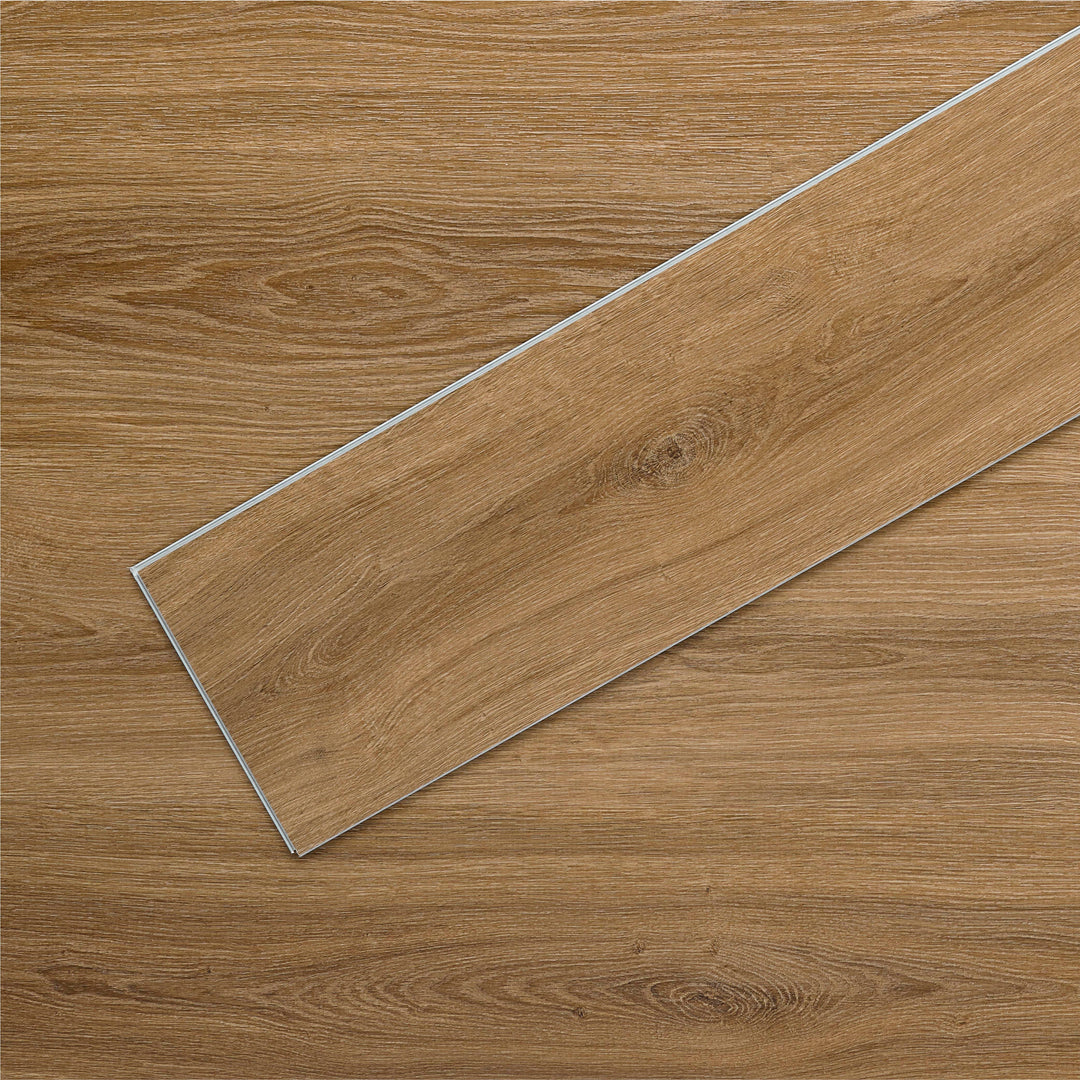 Allure SRP TPU Flooring in Contemporary Oak Mocha installed floor view from above with close up of single plank laying on top showing grooves and edges