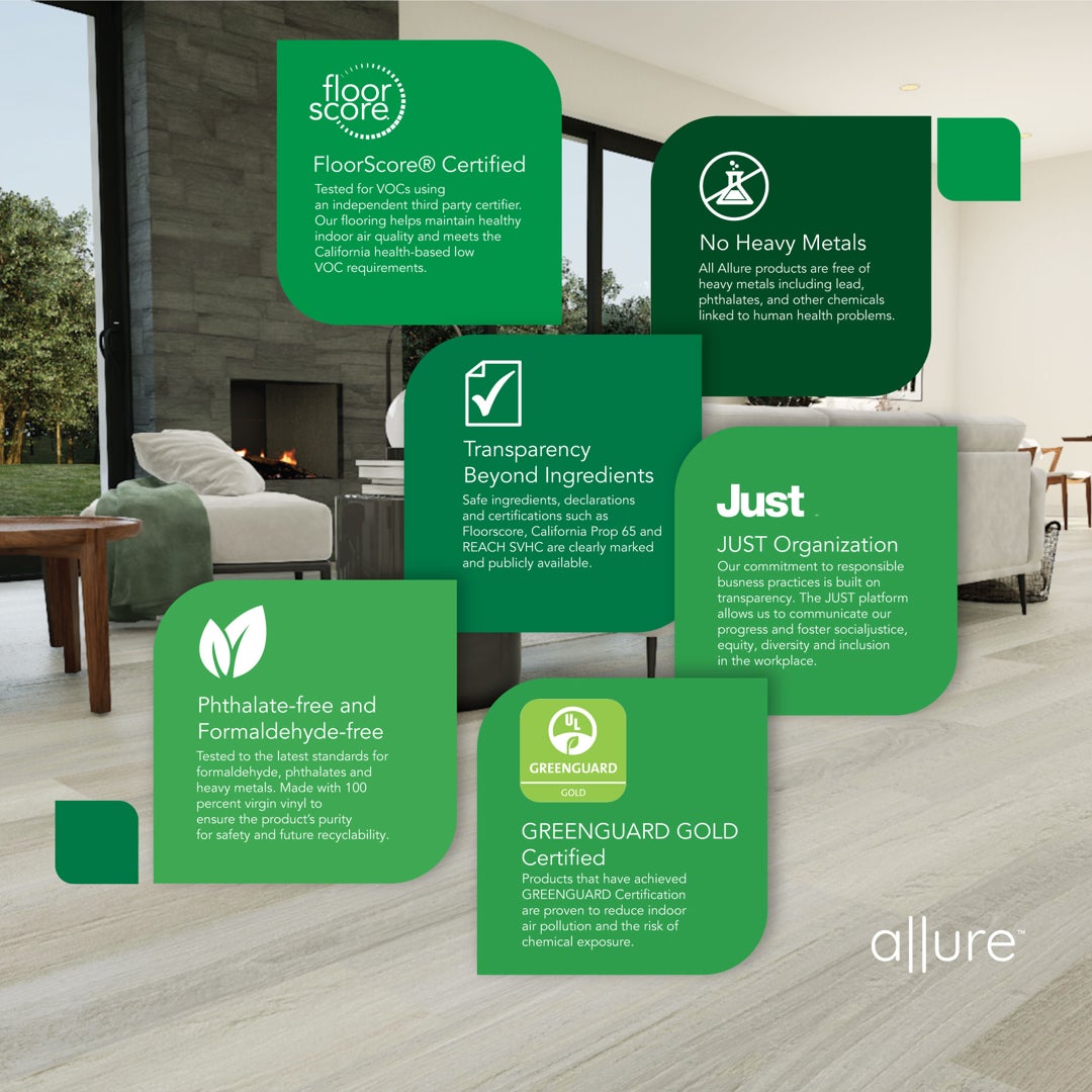 Infographic detailing the certifications and key wellness features of Allure Almond Honey Aspen ISOCORE vinyl flooring